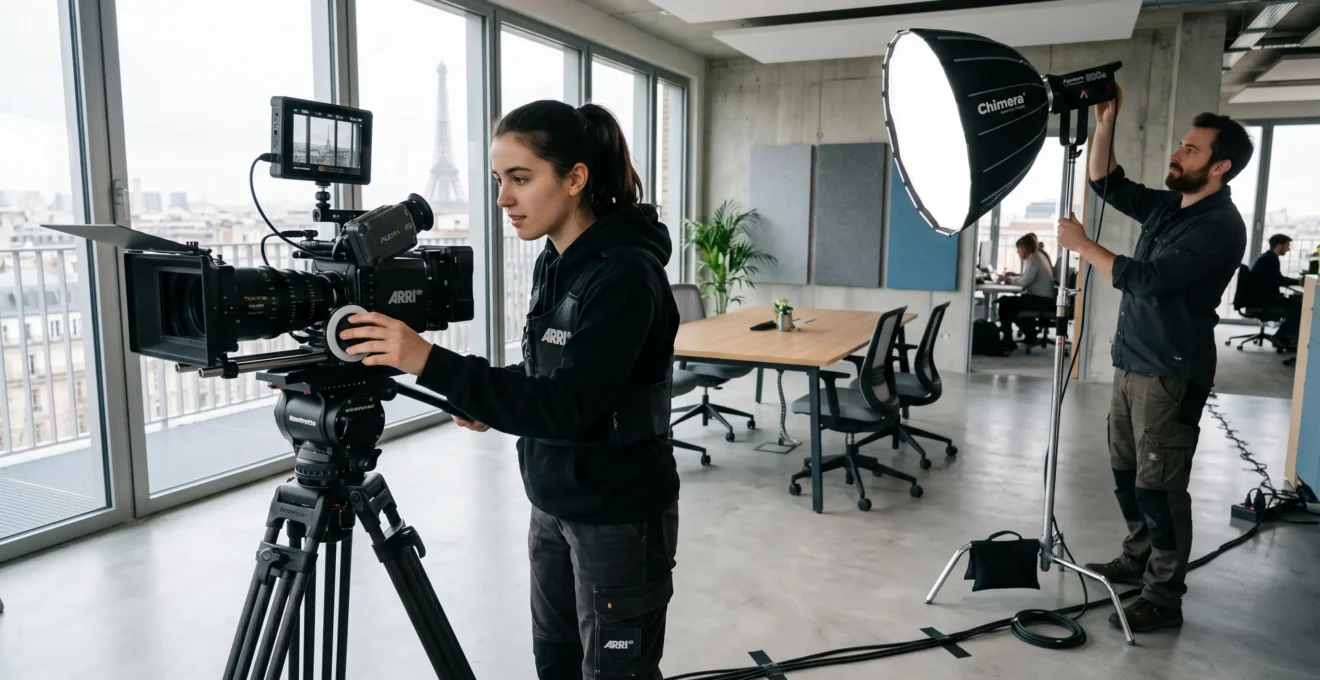 Un cadreur vérifie la mise au point d'une caméra louée lors d'un tournage en bureau.